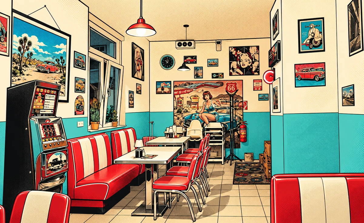 Diner-Innenraum mit roten Sitzbänken und Jukebox