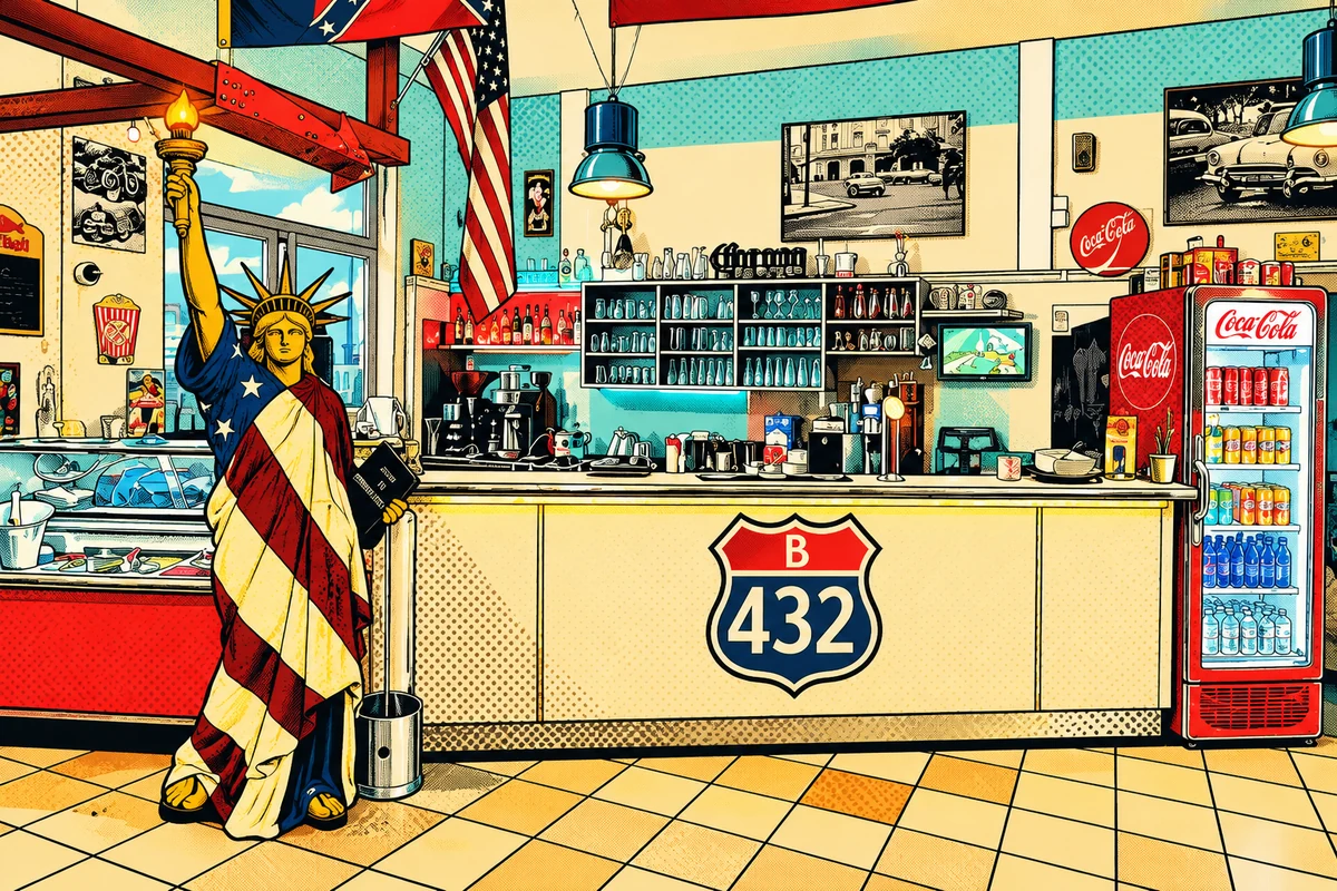 Die B432-Diner-Theke mit Freiheitsstatue und B432-Schild