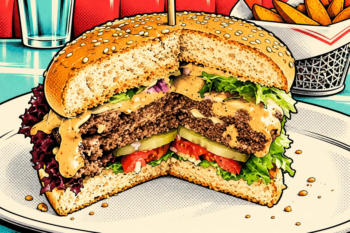 Aufgeschnittener Burger mit zwei Patties im B432 Diner