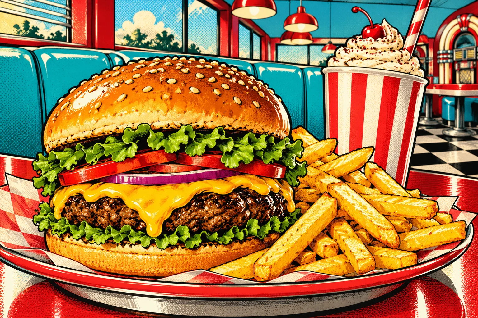 Comic-Burger mit Pommes und Milkshake im B432 Diner
